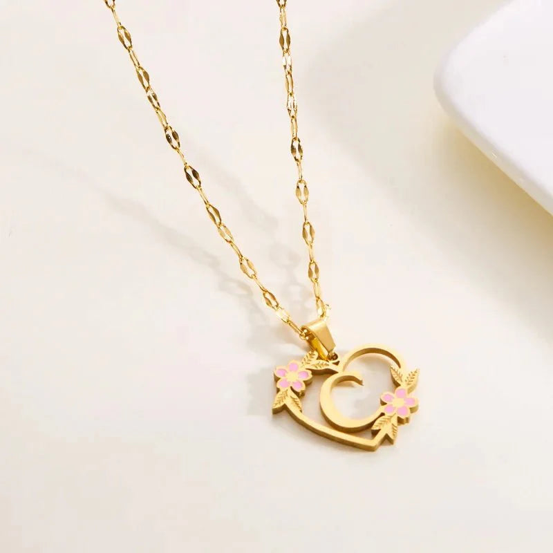 Dainty Floral Accented Heart Letter Initial Necklace