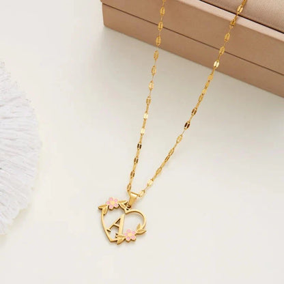 Dainty Floral Accented Heart Letter Initial Necklace