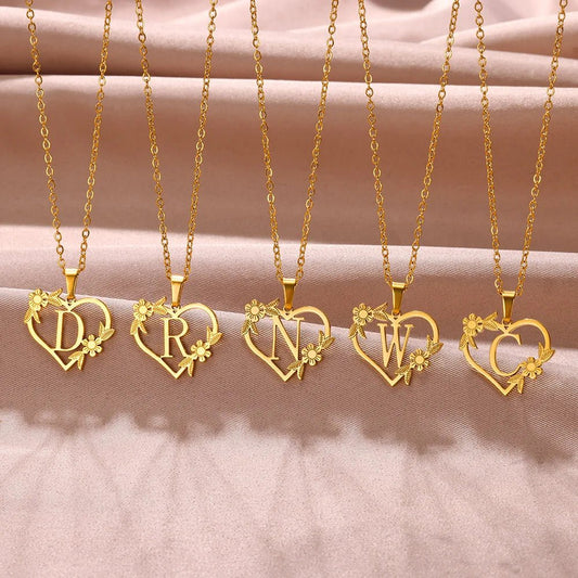 Dainty Floral Heart Letter Initial Necklace