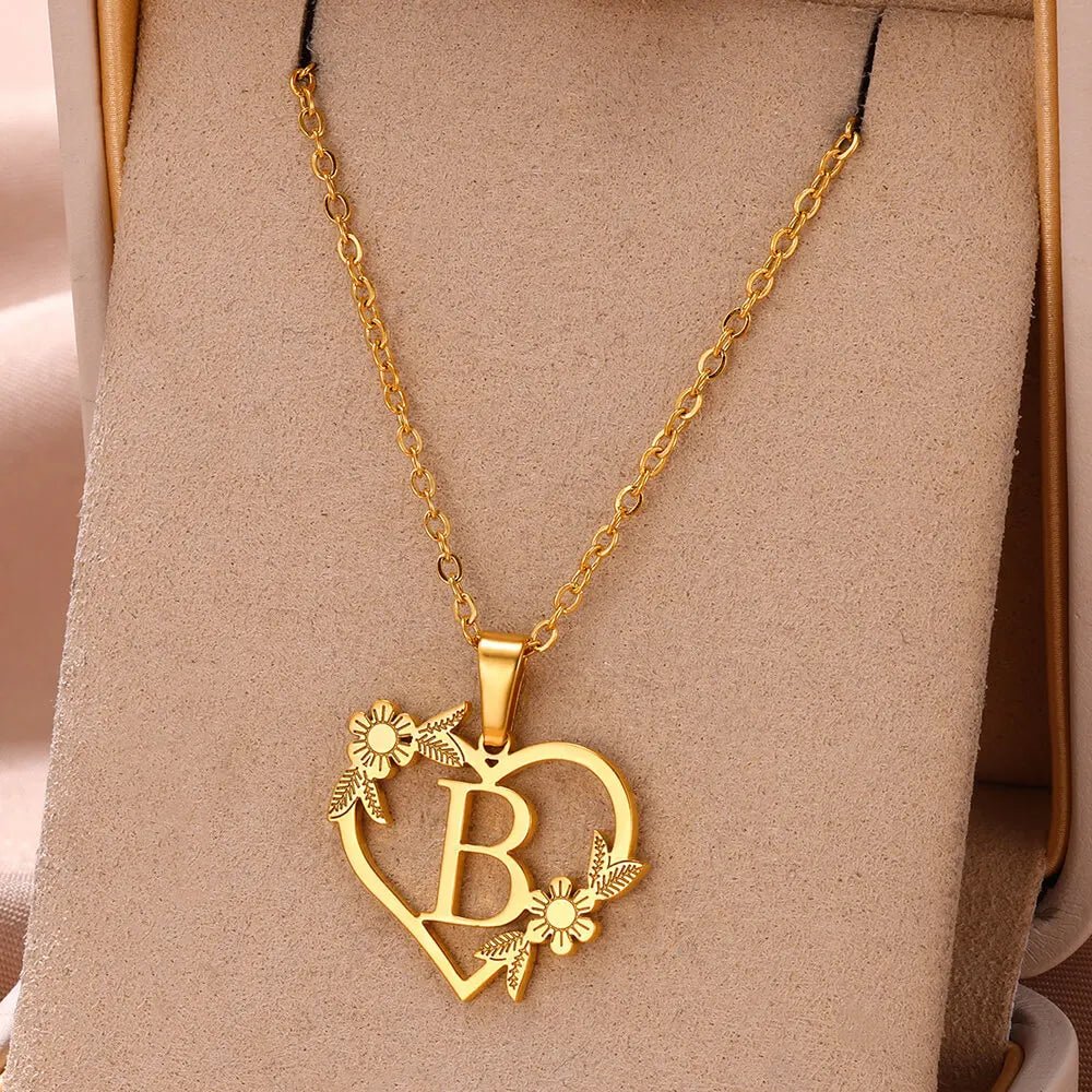 Dainty Floral Heart Letter Initial Necklace