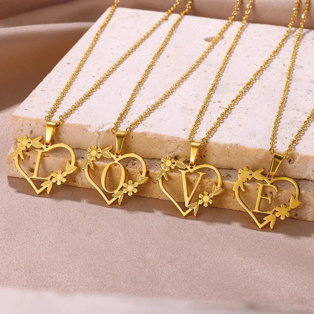 Dainty Floral Heart Letter Initial Necklace