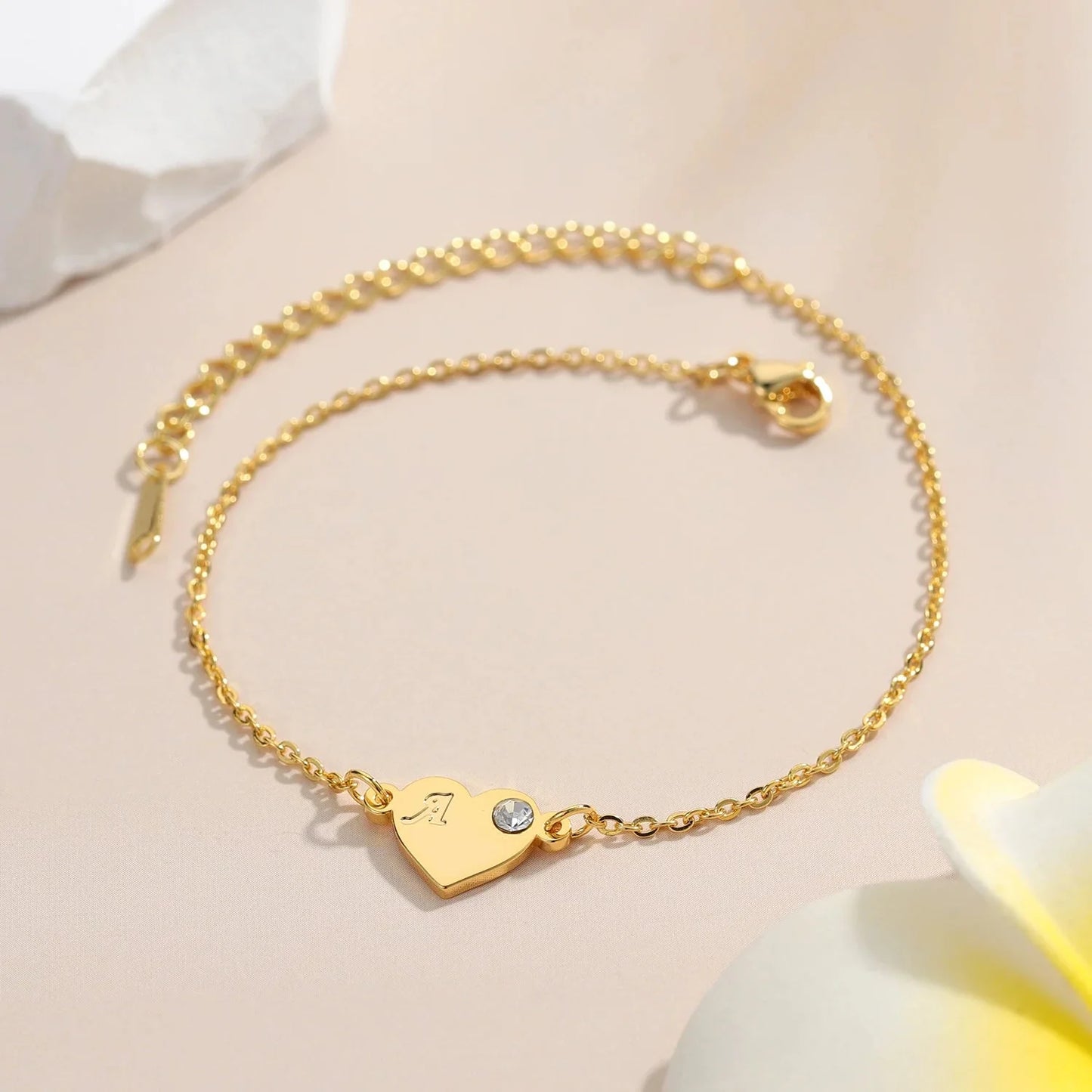 Dainty Heart Birthstone Letter Initial Bracelet