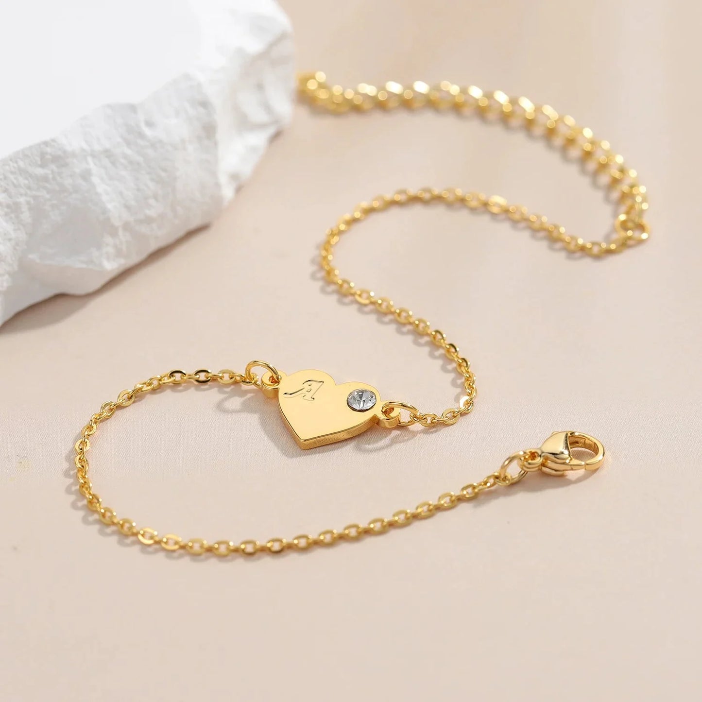 Dainty Heart Birthstone Letter Initial Bracelet