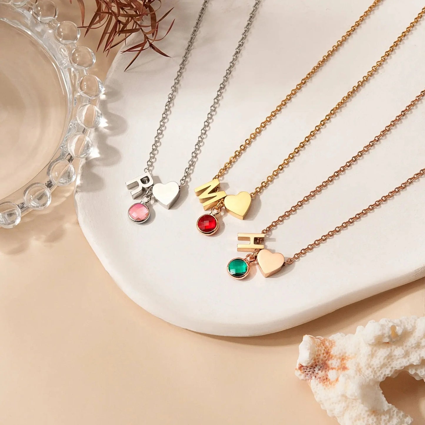 Dainty Heart & Birthstone Letter Initial Necklace